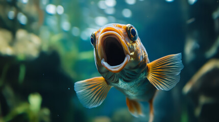 The fish in the tank stares wide-eyed, its mouth hanging open. It looks surprised, almost shocked.