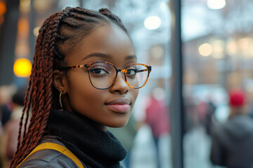 Wall Mural - A woman with dreadlocks and glasses is standing in front of a window