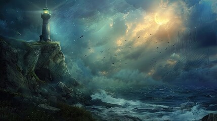 Wall Mural - Symbolic coastal scene with mystical cliffs enigmatic skies and a surreal lighthouse