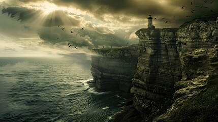 Wall Mural - Enigmatic coastal landscape with mystical cliffs symbolic lighthouse and surreal skies