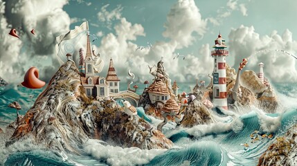 Wall Mural - Absurd coastal view with distorted cliffs nonsensical waves and surreal elements