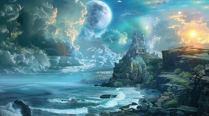 Wall Mural - Coastal backdrop with symbolic cliffs surreal elements and a mystical atmosphere