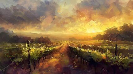 Canvas Print - Impressionist vineyard scene with tranquil grapevines warm sunset and soft clouds