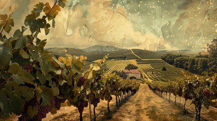 Wall Mural - Retro vineyard scene with muted colors vintage textures and a lo-fi nostalgic feel