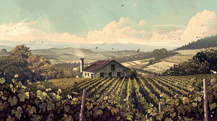 Sticker - Lo-fi vineyard scene with nostalgic tones muted colors and vintage rustic charm