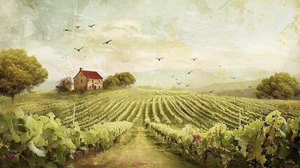 Poster - Vineyard with muted tones vintage textures and a lo-fi backdrop of retro charm