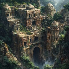 Canvas Print - An ancient stone temple complex perched atop a rocky cliff, overgrown with vegetation, with a waterfall cascading down the side.