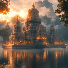 Poster - An ancient temple on a lake at sunrise, shrouded in fog.