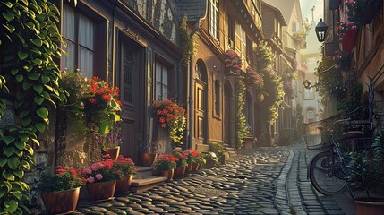 Street scene with symbolic elements rich colors and a mystical morning atmosphere