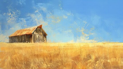 Poster - Impressionist barn scene with sunlit fields and soft blurred brushstrokes