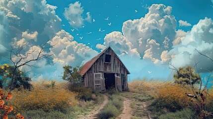 Wall Mural - Surreal rural scene with dreamlike barn and unexpected juxtapositions