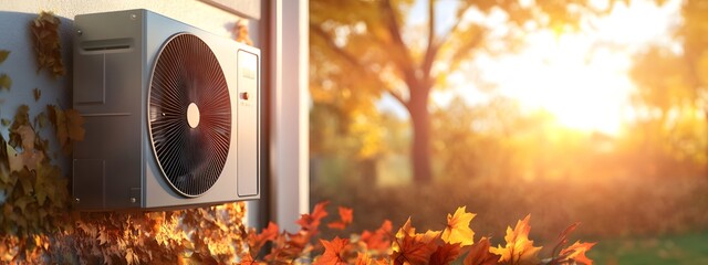 A high-resolution image of an air source heat pump placed outside the house, surrounded by autumn leaves and sunlight filtering through trees