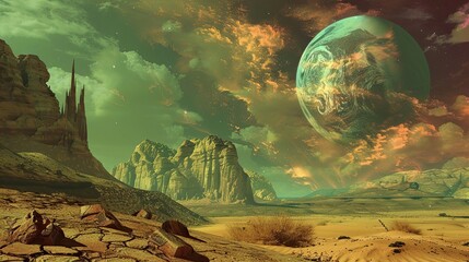 Surreal Symbolist desert scene with dark dunes and an enigmatic sky