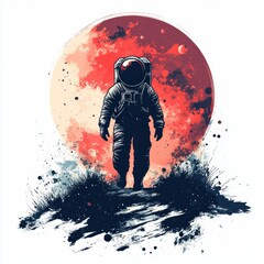 Wall Mural - An astronaut stands in front of a large red moon in an abstract, watercolor-style illustration.