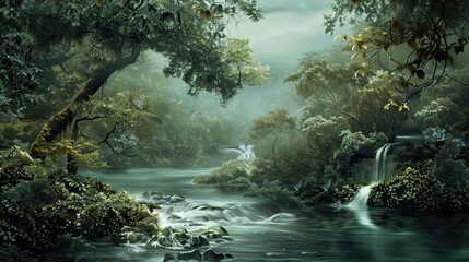 Majestic Baroque river scene with ornate water flow and lush surrounding greenery