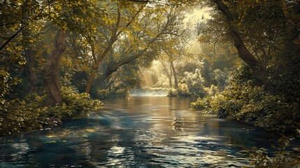 Canvas Print - Renaissance river scene with meticulous light and shadow capturing lush foliage