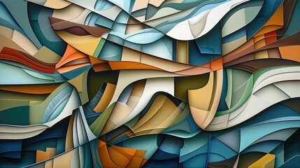 Geometric Cubist interpretation of a river with fragmented perspectives and forms