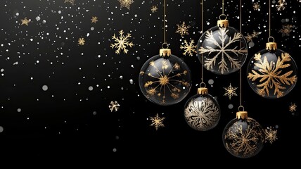 Wall Mural - Hanging glass Christmas balls on black background with golden snowflakes .generative ai