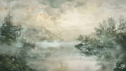 Wall Mural - Romantic river with softly detailed water and a celestial sky of pastel hues