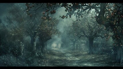 Canvas Print - Gothic orchard scene with detailed trees and a mysterious brooding atmosphere