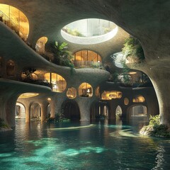 Canvas Print - An interior view of a futuristic, cave-like building with a large pool in the center, surrounded by lush greenery and multiple levels of balconies.