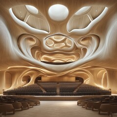 Canvas Print - An interior view of a concert hall with a unique, organic, wooden ceiling and rows of seats.