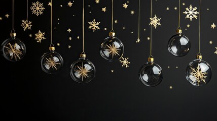 Wall Mural - Hanging glass Christmas balls on black background with golden snowflakes .generative ai