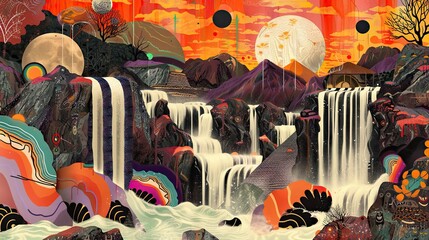 Poster - Waterfall scene with playful distortions and dadaist absurdity under chaotic sky