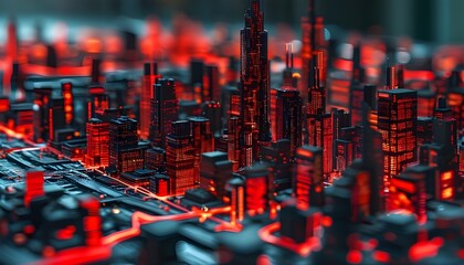 Wall Mural - Vibrant red and black data matrix showcasing the dynamic flow of information within a futuristic cybernetic urban landscape