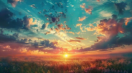 Poster - Surreal sunset over plains with symbolic elements and colors conveying deeper meaning