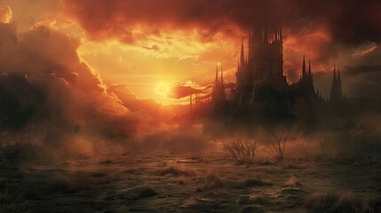 Wall Mural - Gothic sunset over plains with intricate details and a brooding mysterious atmosphere