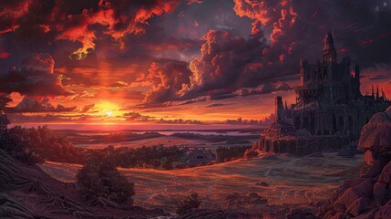 Wall Mural - Dramatic sunset scene over plains with gothic details and a sense of mystery