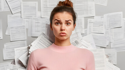 Young worried woman with a pile of bills or tax papers looking confused or overwhelmed, being in debt or behind on taxes or bills