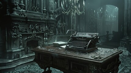 Wall Mural - Ornate desk with typewriter under gothic lighting adding a sense of mystery