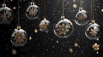 Wall Mural - Hanging glass Christmas balls on black background with golden snowflakes .generative ai