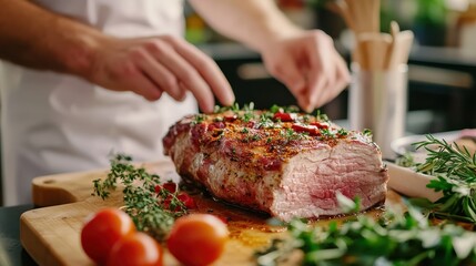 Canvas Print - Juicy Beef Steak with Fresh Herbs and Vegetables on Wooden Cutting Board