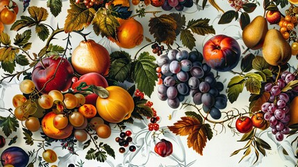 Opulent fruits in baroque style with dramatic light and rich colors on white backdrop