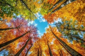 Wall Mural - a view of the sky from below, through tall trees with autumn leaves in various colors an expansive f