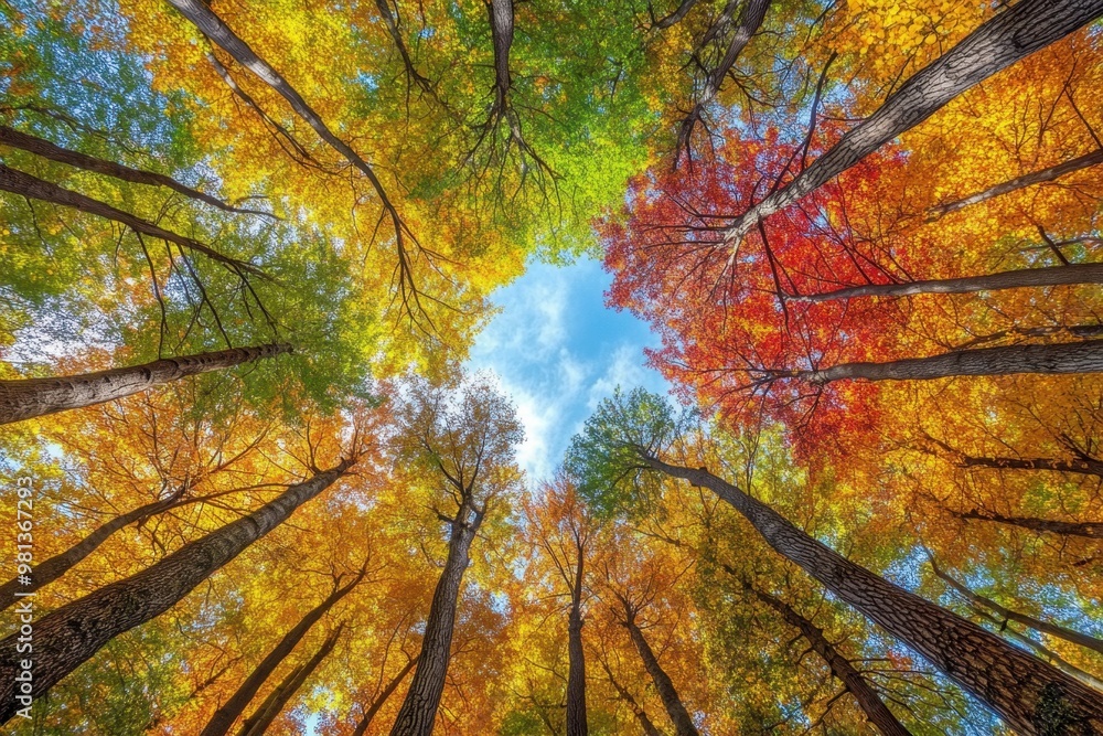 A view of the sky from below, looking up at tall trees with autumn ...