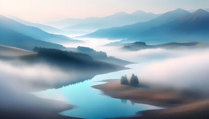 Poster - Aerial view of dreamy landscape with lake and mist