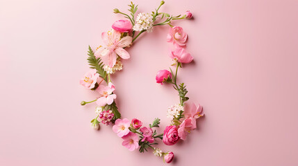 Happy Women's Day decoration concept made from flowers on a pink pastel background