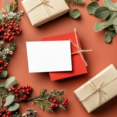 Sticker - Blank Christmas card mockup with gifts, greenery and berries on a red background.