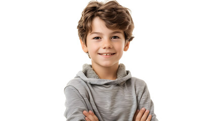 Happy young Caucasian boy in a casual outfit with arms crossed, isolated on a white background