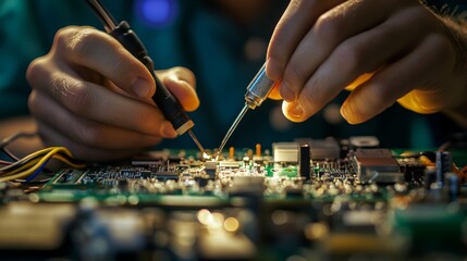 An electronics technician focuses intently while soldering small components onto a circuit board. The workshop setting is illuminated, showcasing intricate details of the work