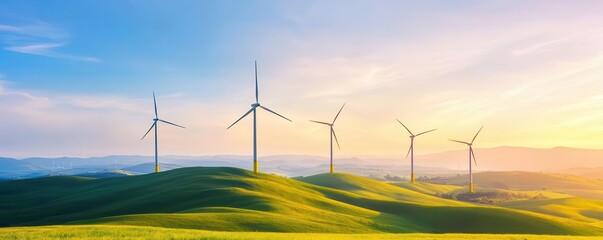 Beautiful landscape with wind turbines on green hills under a colorful sunset sky, showcasing renewable energy and nature's harmony.