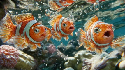 A group of lively clownfish is seen swimming through crystal-clear water, navigating around colorful coral formations while bubbles rise around them