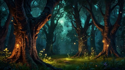 Poster - Enchanted grove with glowing ancient trees and fireflies.