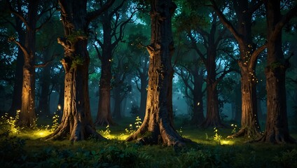 Sticker - Enchanted grove with glowing ancient trees and fireflies.