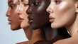 © Anna - Four women stand in a line, each showcasing unique skin tones and features. Their profiles highlight the beauty of diversity in a minimalist studio with soft lighting, celebrating individuality
