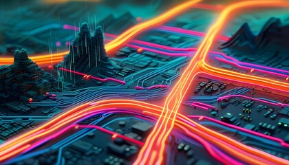 Wall Mural - Vibrant visualization of digital communication networks with data streams racing across a neon circuit landscape